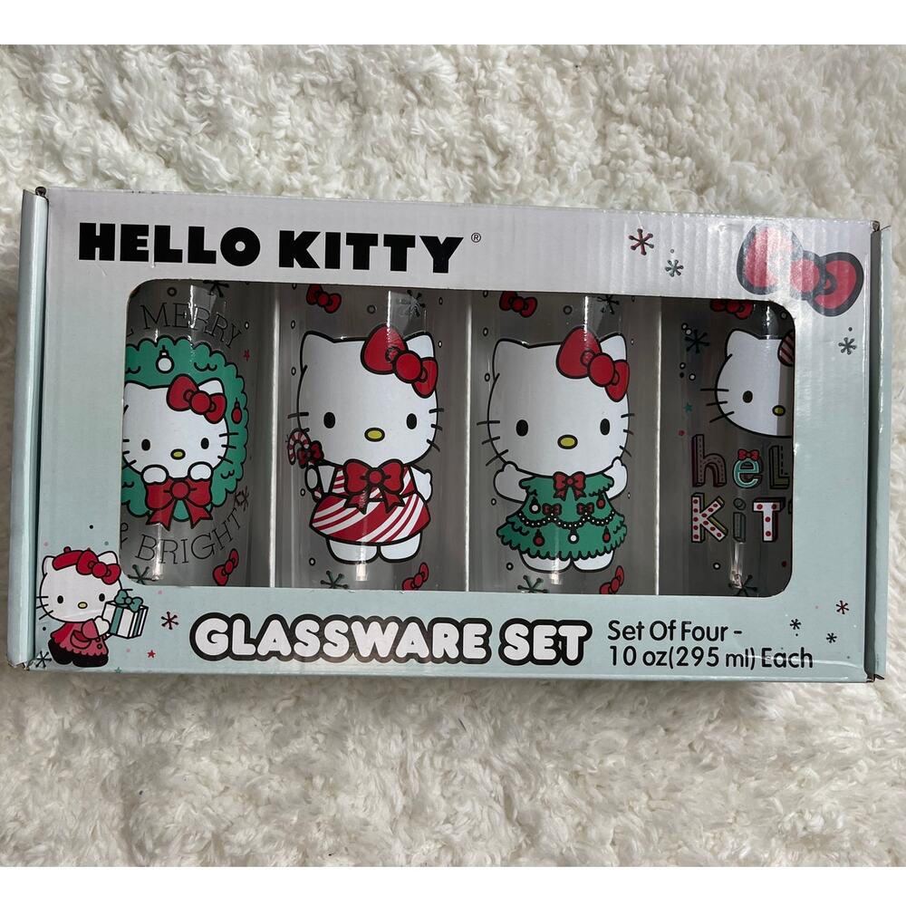 Hello Kitty Christmas Glassware Set 4 pc Sanrio 10oz Tumblers Silver Buffalo NEW